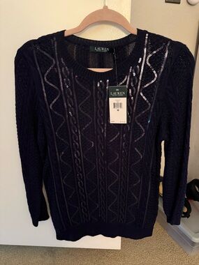 Ralph Lauren Navy Sequin Cable Knit Crew Sweater